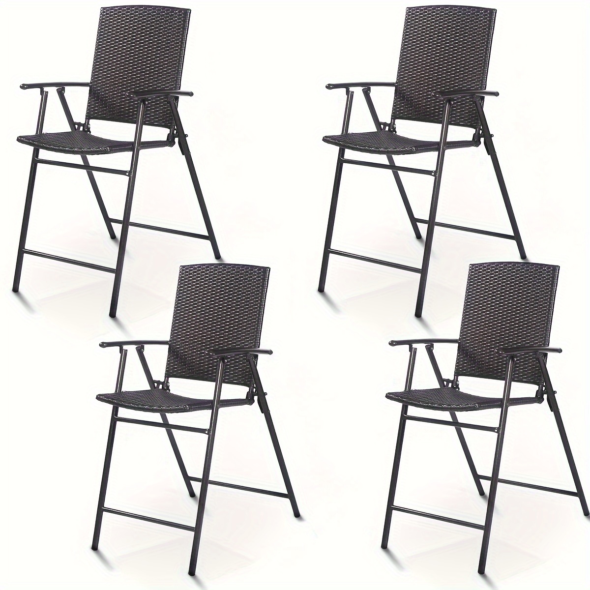 

Set Of 4 Folding Wicker Rattan Bar Chairs, High Stool With Back Steel Frame, Portable Outdoor Indoor Bar Stools, Garden Patio Furniture Set With Armrests Footrest