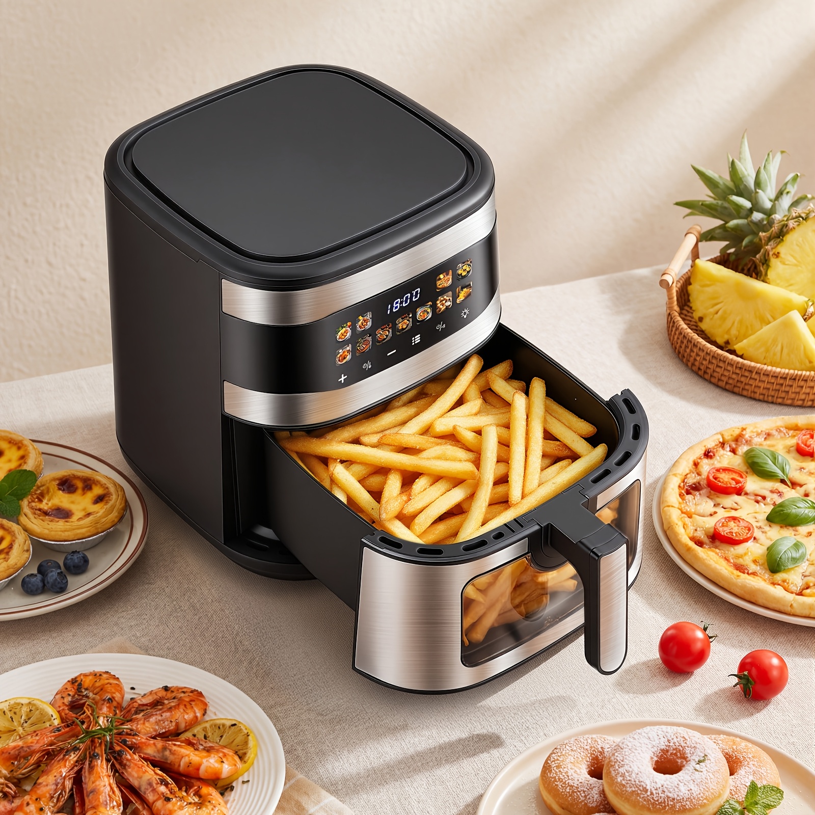 Image of 11l Air Fryer With Window, 11 Menus Airfryer Oven For Family, Color Lcd Display Touchscreen, Roast Bake Dehydrate, Nonstick & Easy-, , Roast, Dehydrate, Bake, Silvery