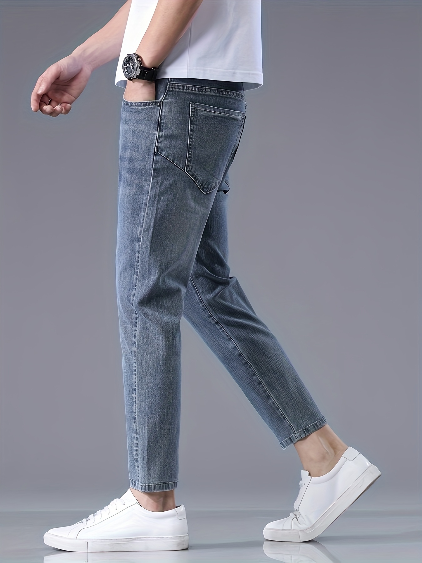 Men's Slim-fit Cropped Jeans, Distressed Denim, Classic Wash Process, Stretch Comfortable Fabric, Casual Pants, Versatile Minimalist Fashion Style Suitable for Various Occasions