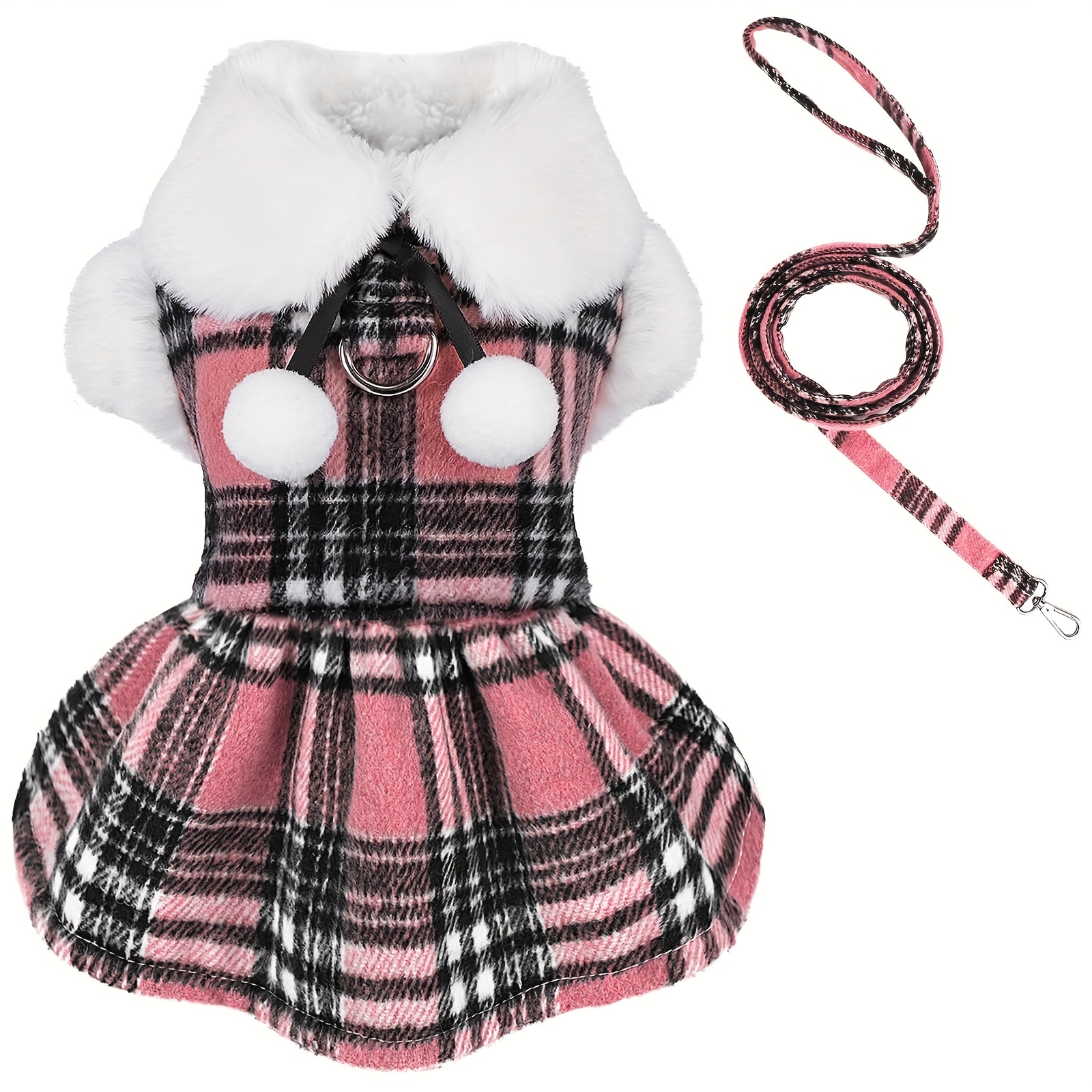 

Soft Plaid Fleece Dog Dress With Harness For Small Dogs - Winter Outfit For Pet