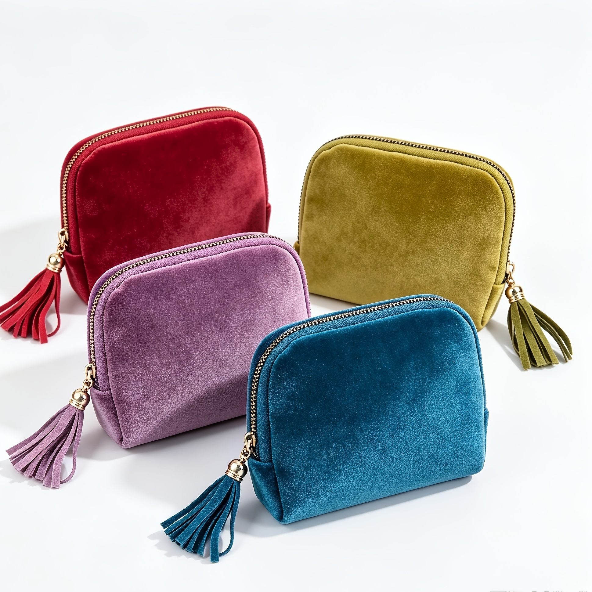 TEMU 4 pezzi Sacchetto piccolo in velluto con frange per trucco, Portamonete portatile con cerniera, Sacchetto per gioielli, Molteplici combinazioni