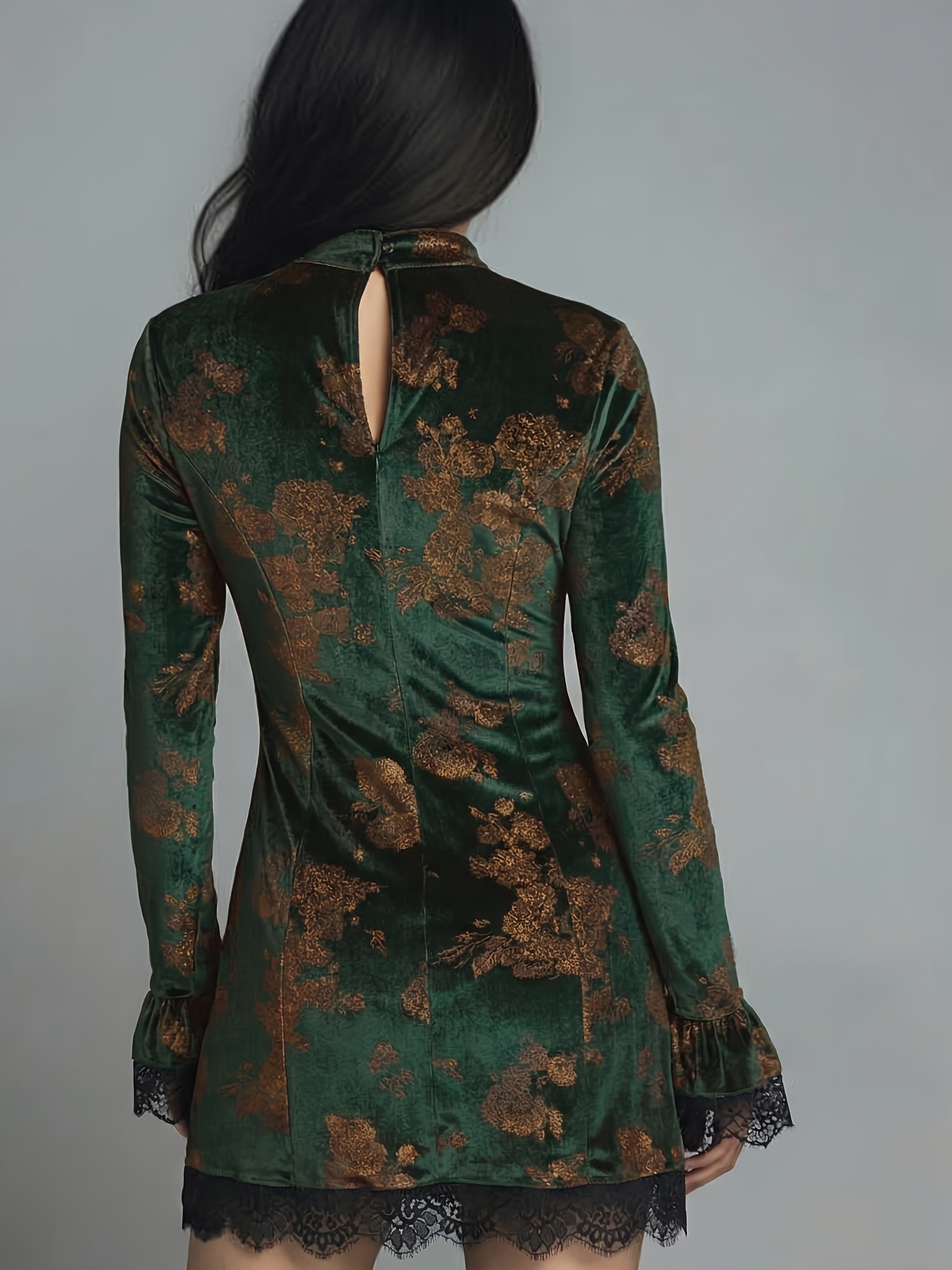 vintage green velvet floral dress stand collar contrast lace - Temu Oman