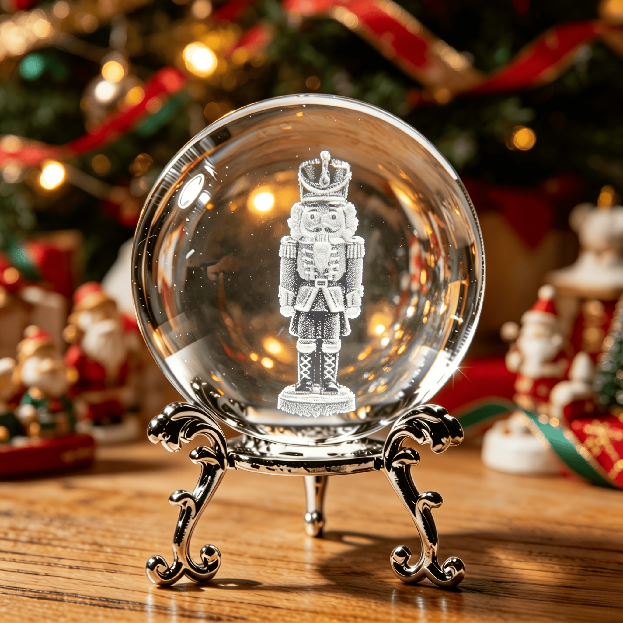 TEMU 3d Laser Interior Carved Nutcracker Soldier Crystal Ball With Silvery Base, Christmas Desktop Decoration Craft Gift Ornament