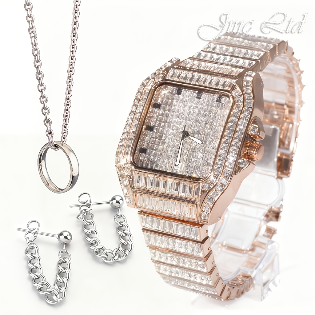 Men's Hip Hop Geometric Full Rhinestones -the-dark Christmas Valentine's Gift For Stage Performance & Show Men's Watch Set With Adjuster Necklace And Earrings A Set