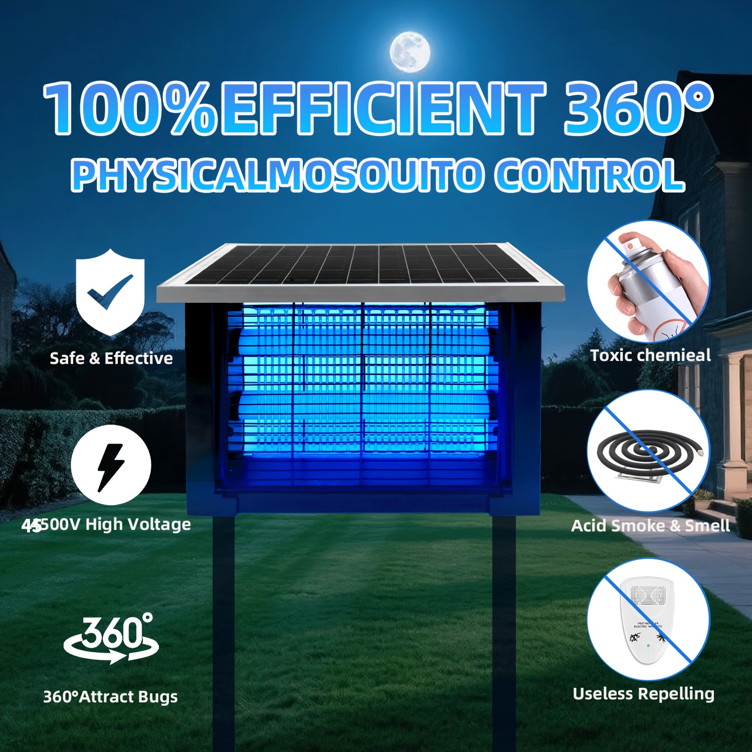 Powerful Large Solar Bug Zapper Outdoor for 2000Sq.ft, Poartable Rechargeable Mosquito Zapper with High Powered, Cordless Solar Fly Zapper for Patio Garden Backyard RV Camping Pond Pest Control