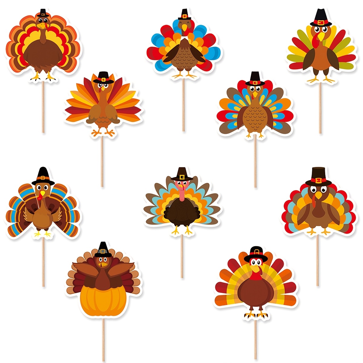 TEMU 10-pack Thanksgiving Turkey Cupcake Toppers, Paper Cake Picks, Autumn Decorations, No Electricity Needed, Featherless Holiday Party Supplies