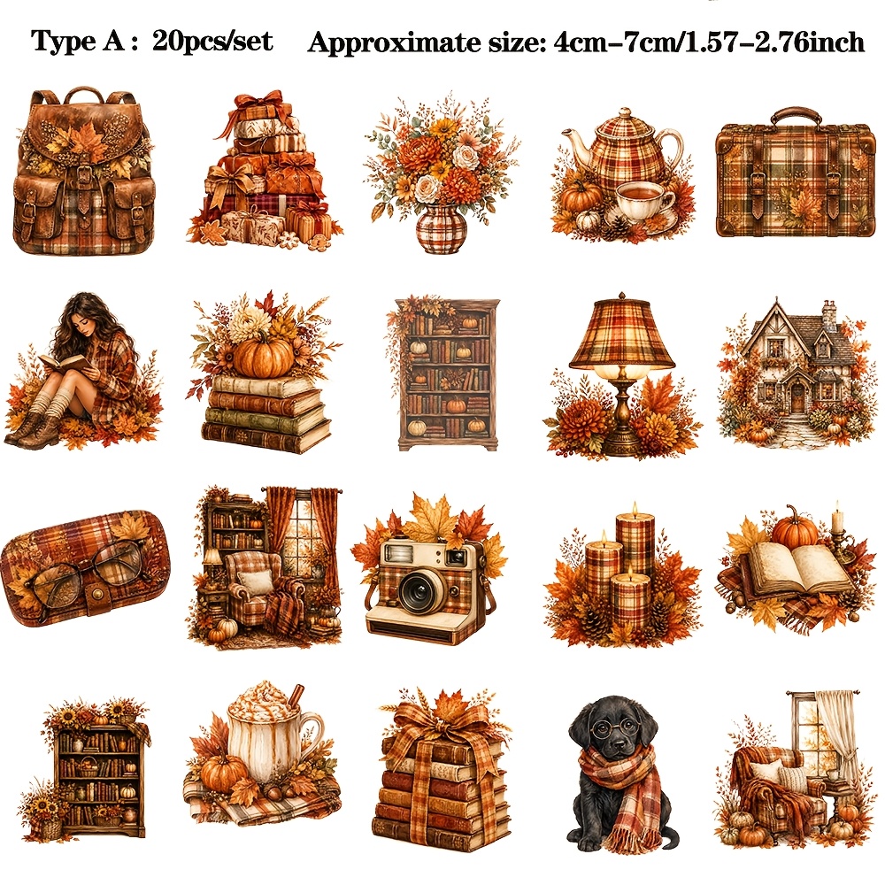 TEMU Ruonaorou 20 stuks/set Retro Herfst Lezen Meisje Lezen Thema Stickers Creatieve Herfst Huis Boekhouding Stickers Decoratieve Stickers Materiaal