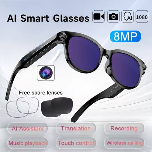 item picture stylish ai smart glasses with hd photo and video wireless music hands free calling real time multilingual translation ai object recognition anti shake 8mp camera video recording voice recording ai intelligent real time translation