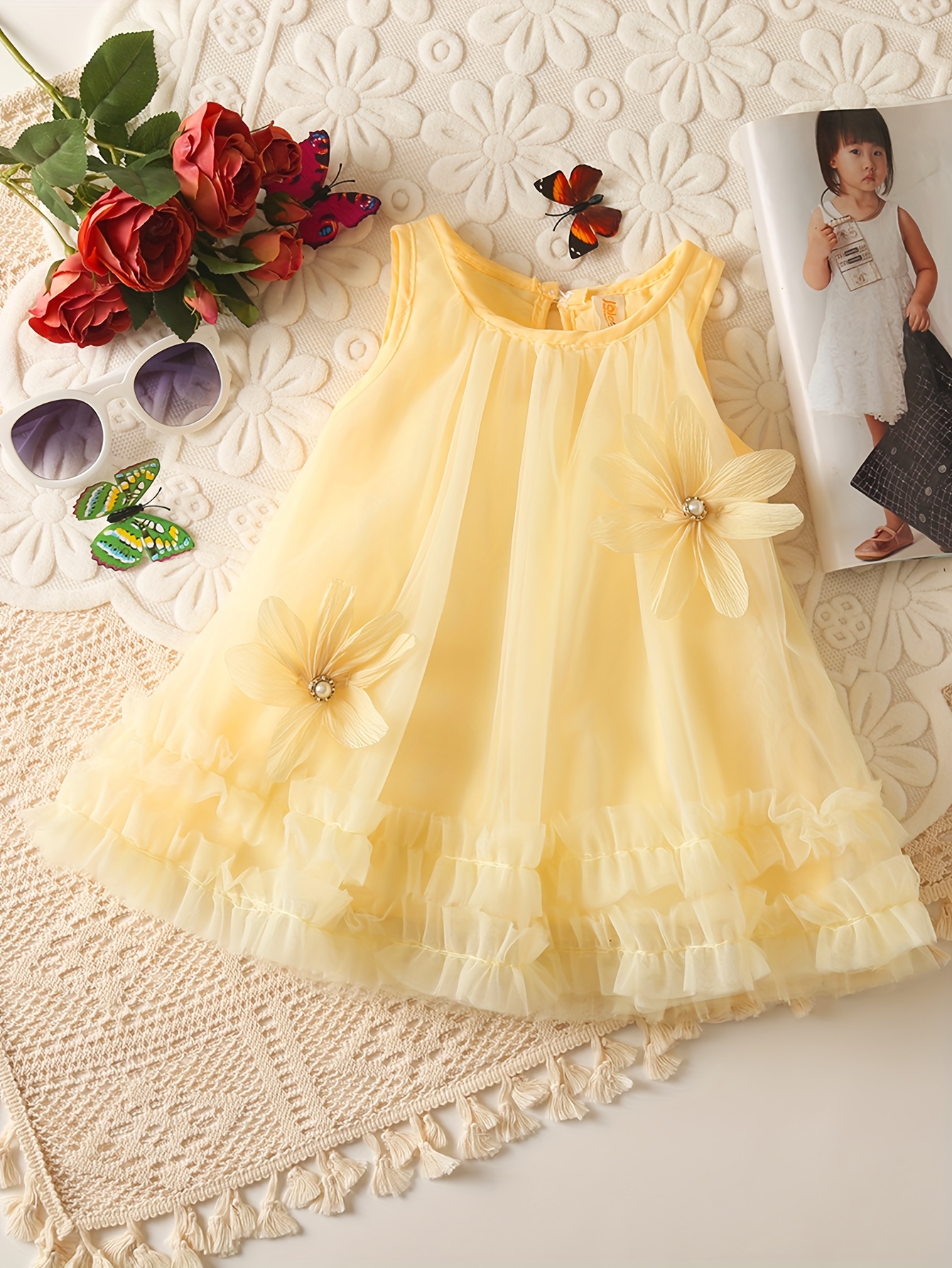 girls yellow tulle flower dress sleeveless mesh a line skirt