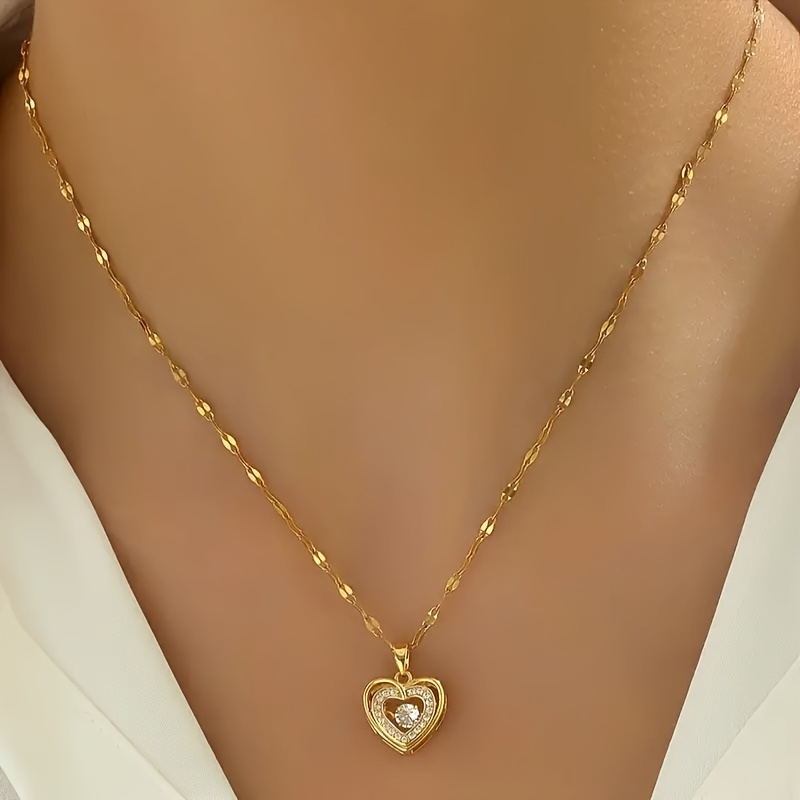 

18k Gold-plated Elegant Heart-shaped Zirconia Pendant Necklace, Vintage Style Lip Chain Necklace For Women