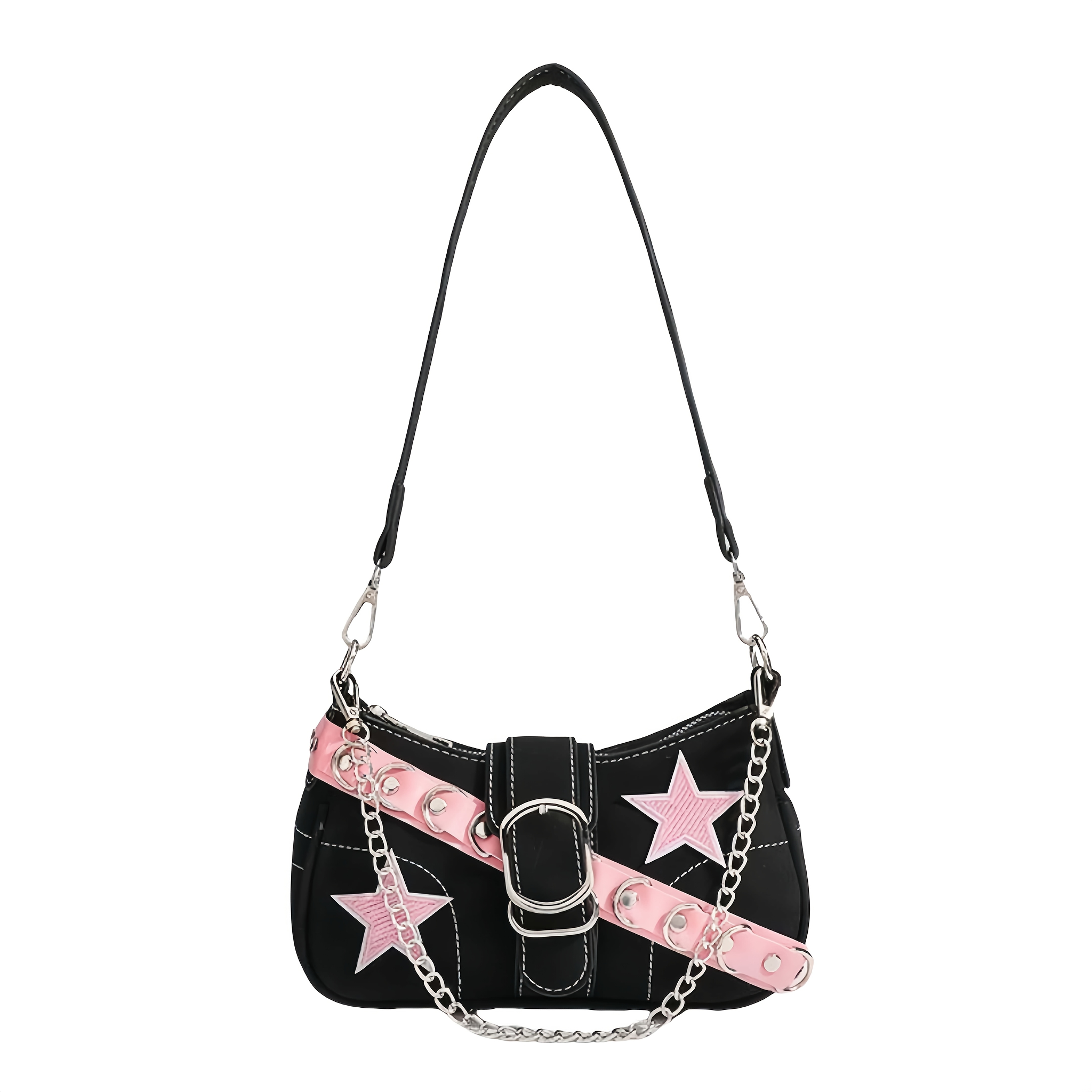 Y2K Matte PU Shoulder Bag with Detachable Chain Strap & Star Embroidery - Red/Black Pattern Crossbody Purse, Zipper Closure, Durable Polyester Lining for Casual & Formal Outfits, Purse Strap Crossbody, Versatile Accessory, Sleek Handbag Design