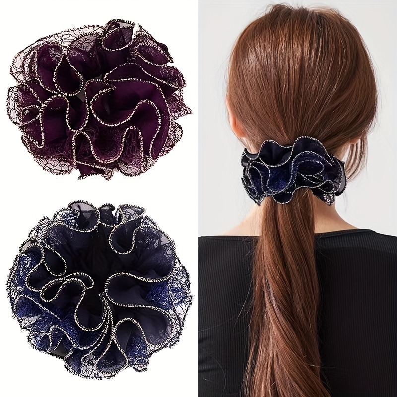 

1pc Elegant Double-layered Lace Hair Scrunchie - High Elasticity, Beaded Detail, In Purple - Chic & Sophisticated Hair Accessory For Women, Elegant Hairpiece|girls Hair Decor|highelasticity Band