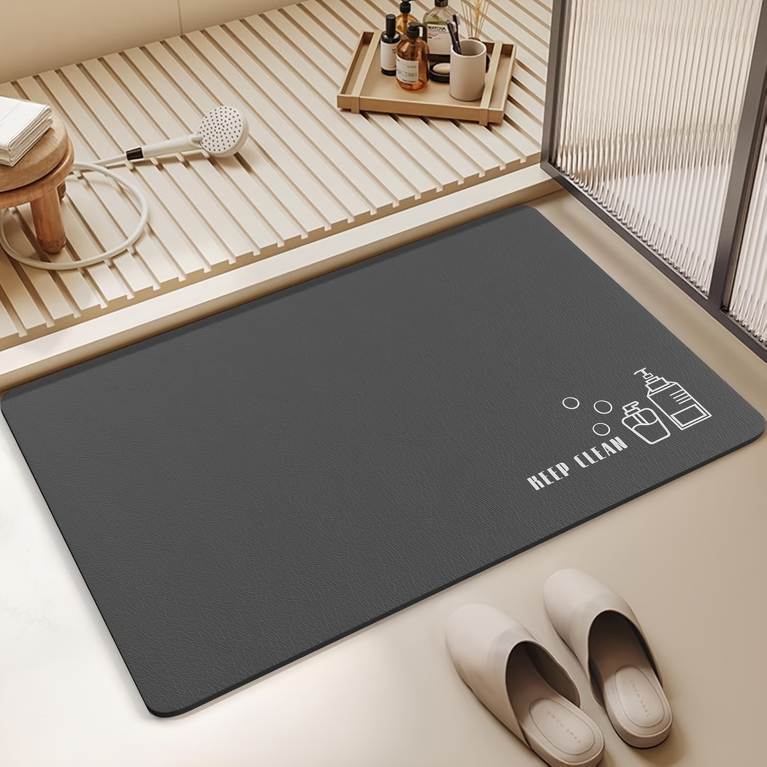 TEMU 1pc Sea Diatomite Bath Mat Suitable For Bathroom, Non-slip Quick-dry Soft Diatomaceous Earth Rug With Backing, Dark Grey Minimalist Mat For