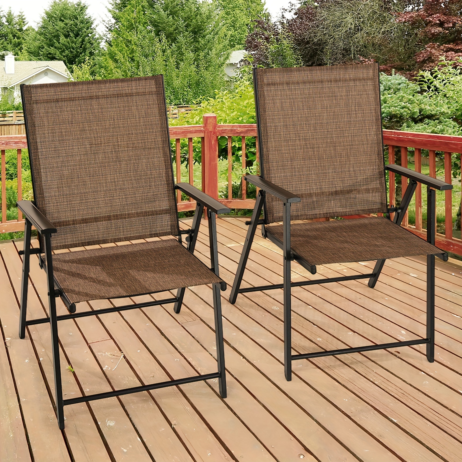 

Patio Folding Chairs Set Of 2, Outdoor Lawn Chairs With Rustproof Metal Frame, Portable Dining Chairs For Porch, Deck, Garden, Backyard, Camping