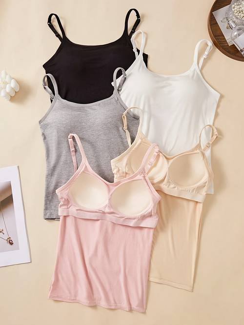 5pcs womens wire free camisoles with built in bra pads seamless lightweight for layering fabric solid colors pink beige comfortable undergarment casual wear simple camisole stretchable material layering essentials sleek silhouette smooth texture camisole top versatile basics