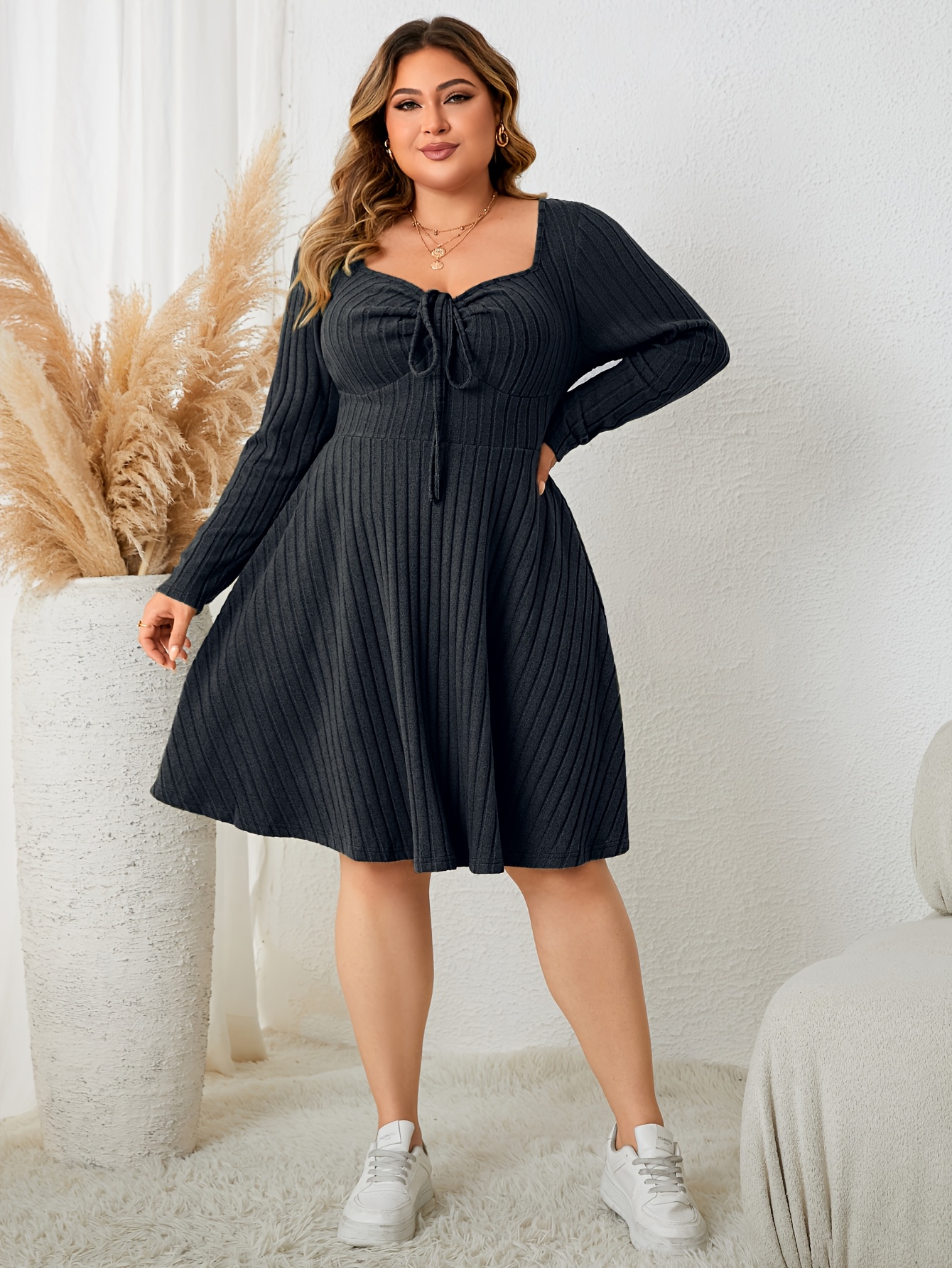 plus size elegant square neck lace front long sleeve dress - Temu Norway