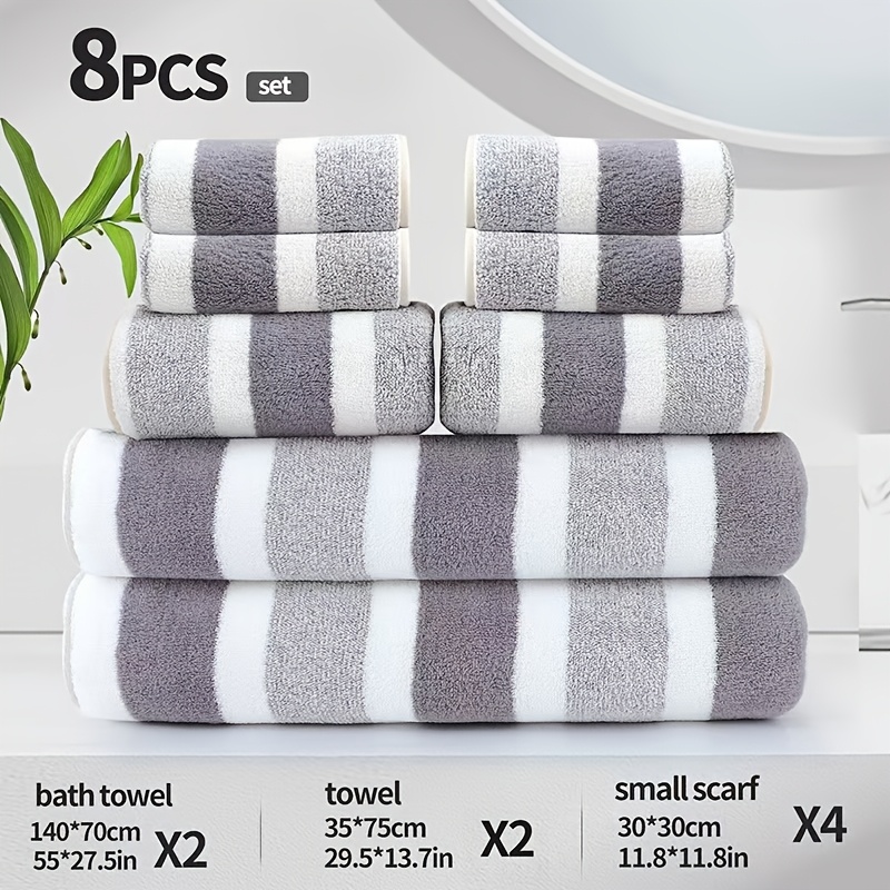 TEMU 8pcs Super Absorbent Soft Hotel Standard Two-color Striped Bath Towel Set, Including 2 Large Bath Towels, 2 Medium Bath Towels And 4 Small Bath