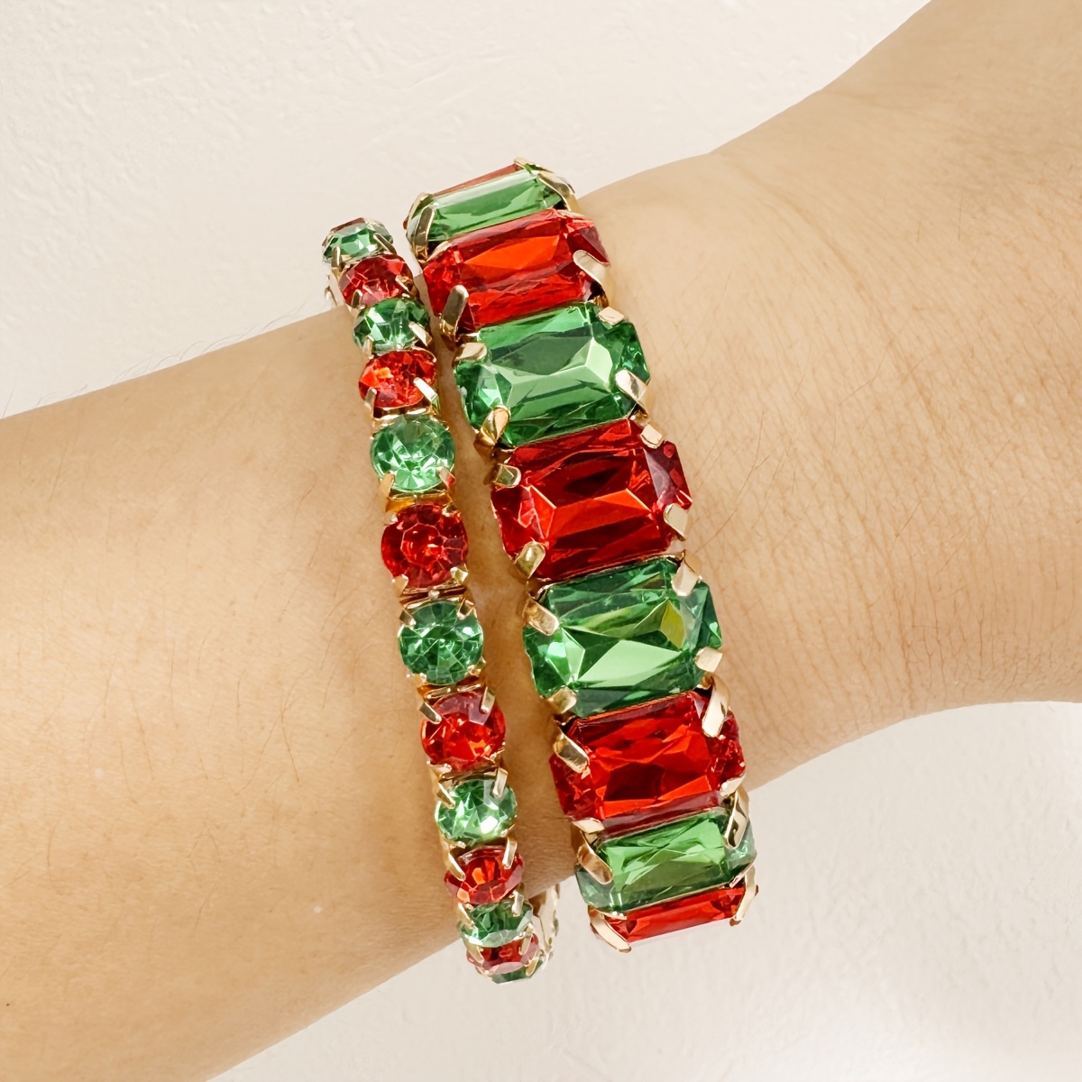 TEMU 2pcs Luxurious And Fashionable Colorful Rhinestone Bracelet Sets With Double Layered Additions, Suitable For Women' Wear, Parties And Gifting