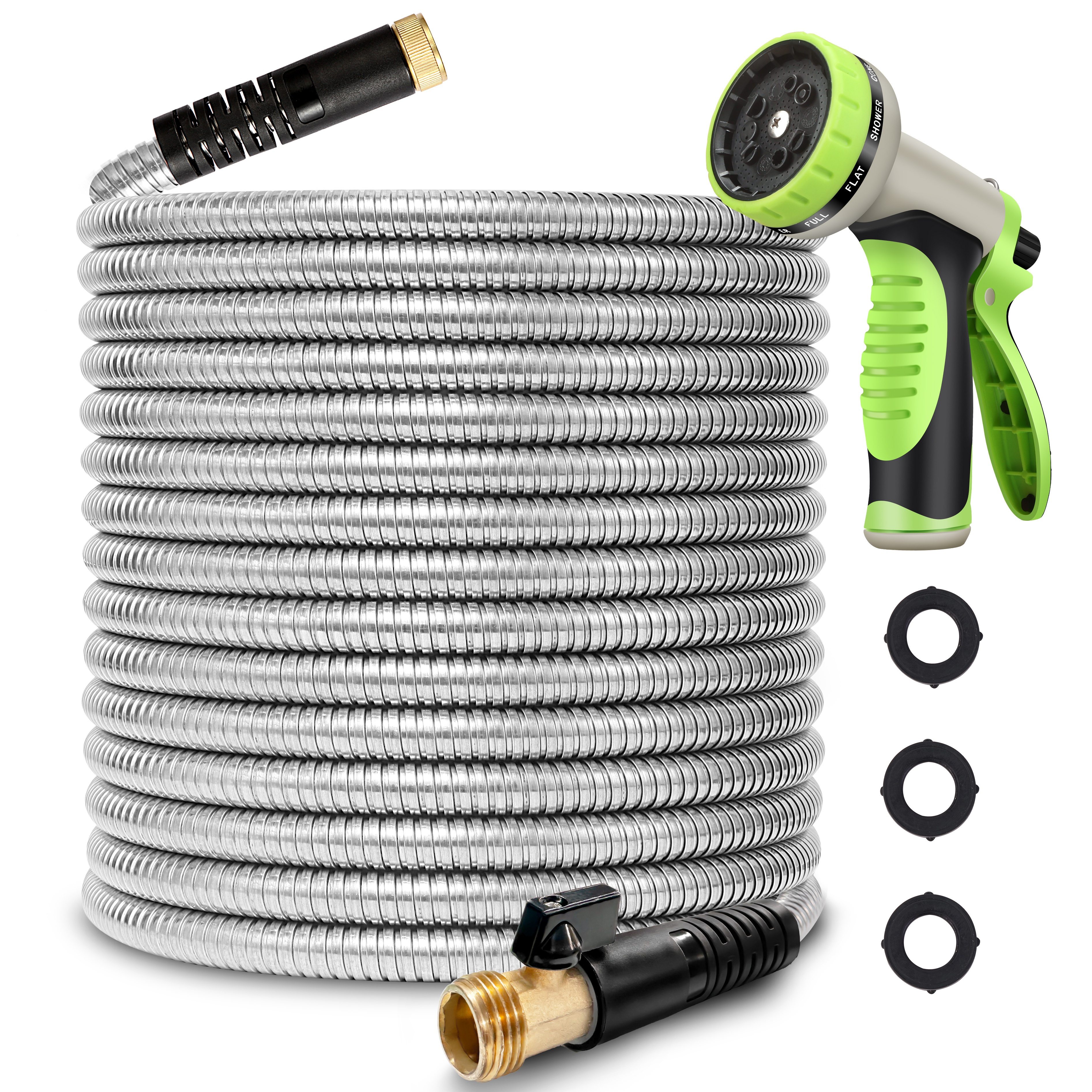 

75ft Metal Garden Hose 304 Stainless Steel Flexible Water Hose - No Kink & Heavy Duty Pipe With Nozzle, Durable 3/4 Brass Fittings And Valve - Rust Proof Puncture Proof For Yard Lawn