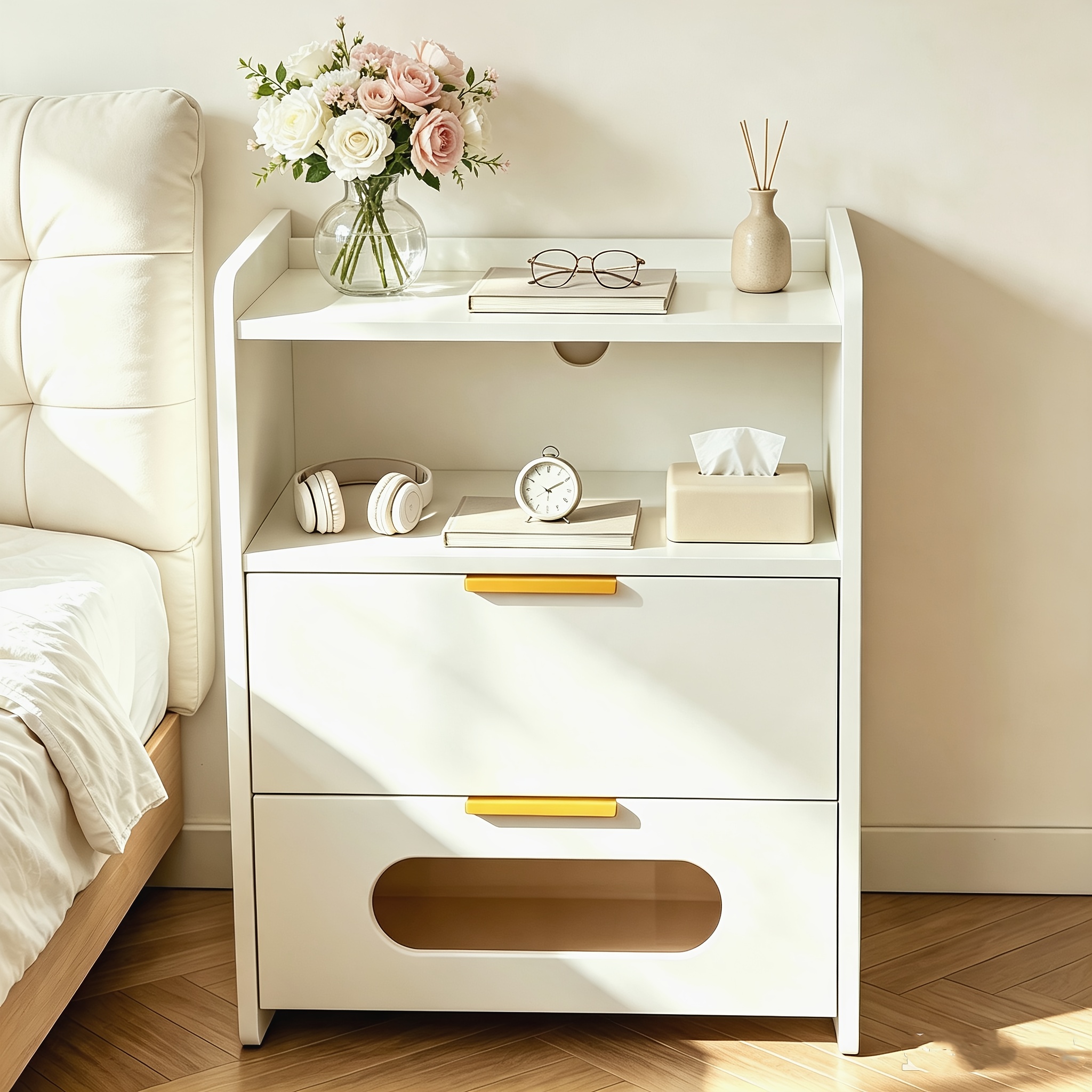 TEMU Nightstand Featuring 2 Drawers, A Single Open Shelf, Tempered , Skincare Storage, Cabinet-style Nightstand, Jewelry Organizer, Golden Handle, In