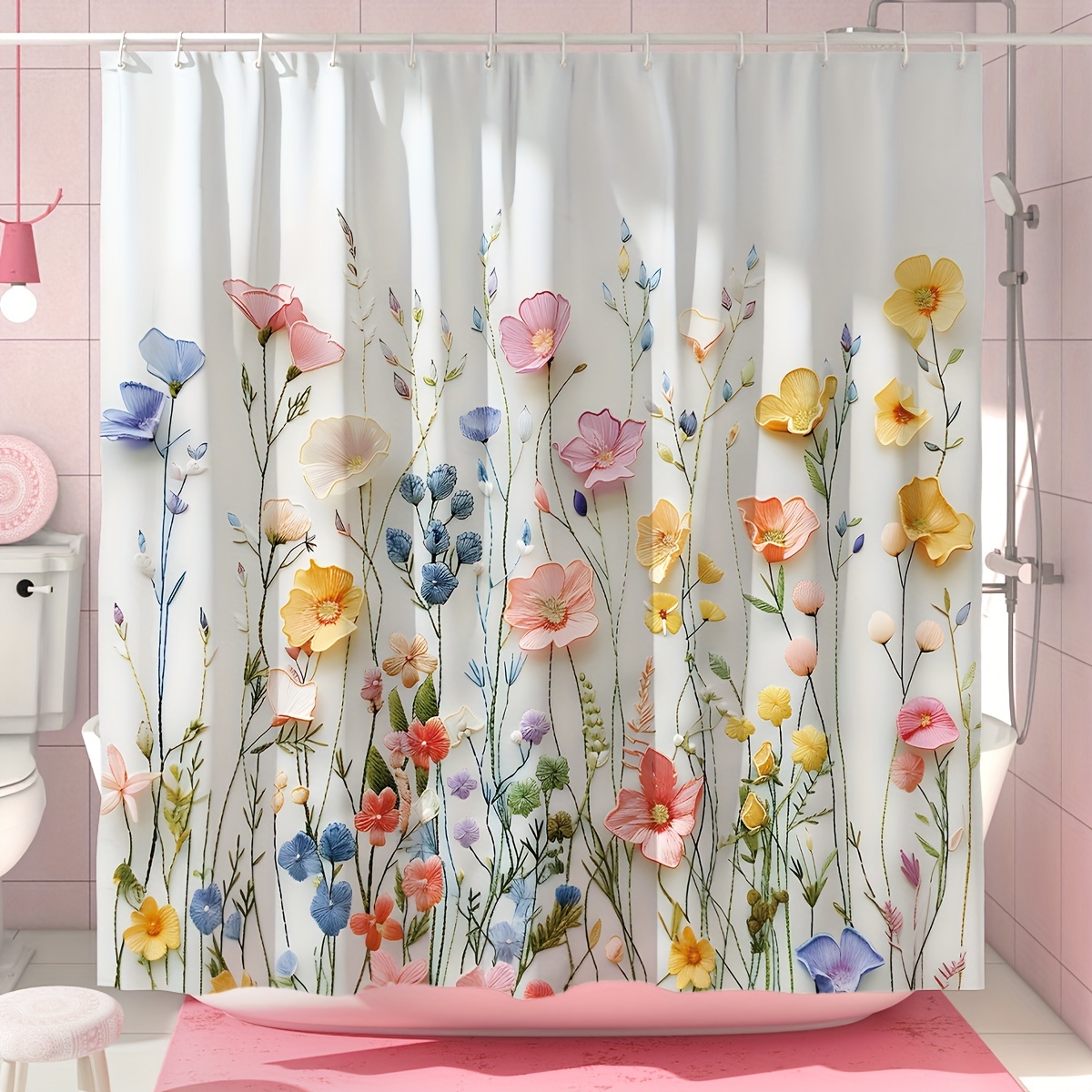 

1pc Floral Shower Curtain, Rustic Farmhouse Bathroom Decor, Waterproof Polyester Fabric, White Yellow Flowers, Machine Washable With 12 Hooks For Bathtub And Home Decoration
