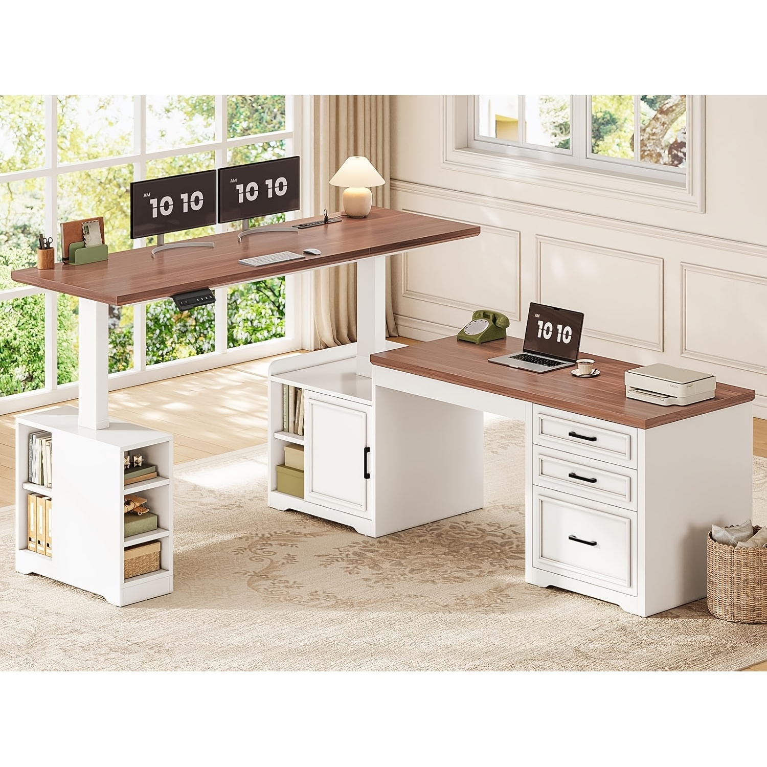 farmhouse l shaped electric standing desk 63 x 67 height adjustable metal 3 drawers and shelves freestanding plug powered Product details 0