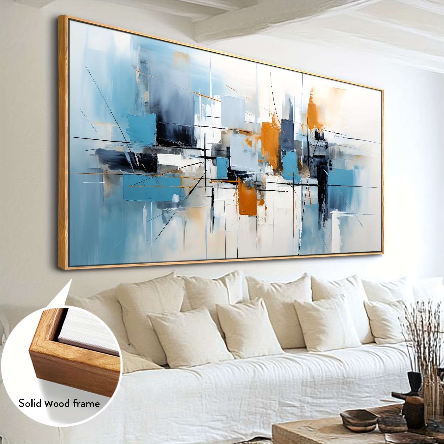 Abstract Wall Art Canvas - Hand-Painted Blue & Pink Modern Painting, 24x48 Inches, Wooden Frame, For Living Room, Bedroom, Office