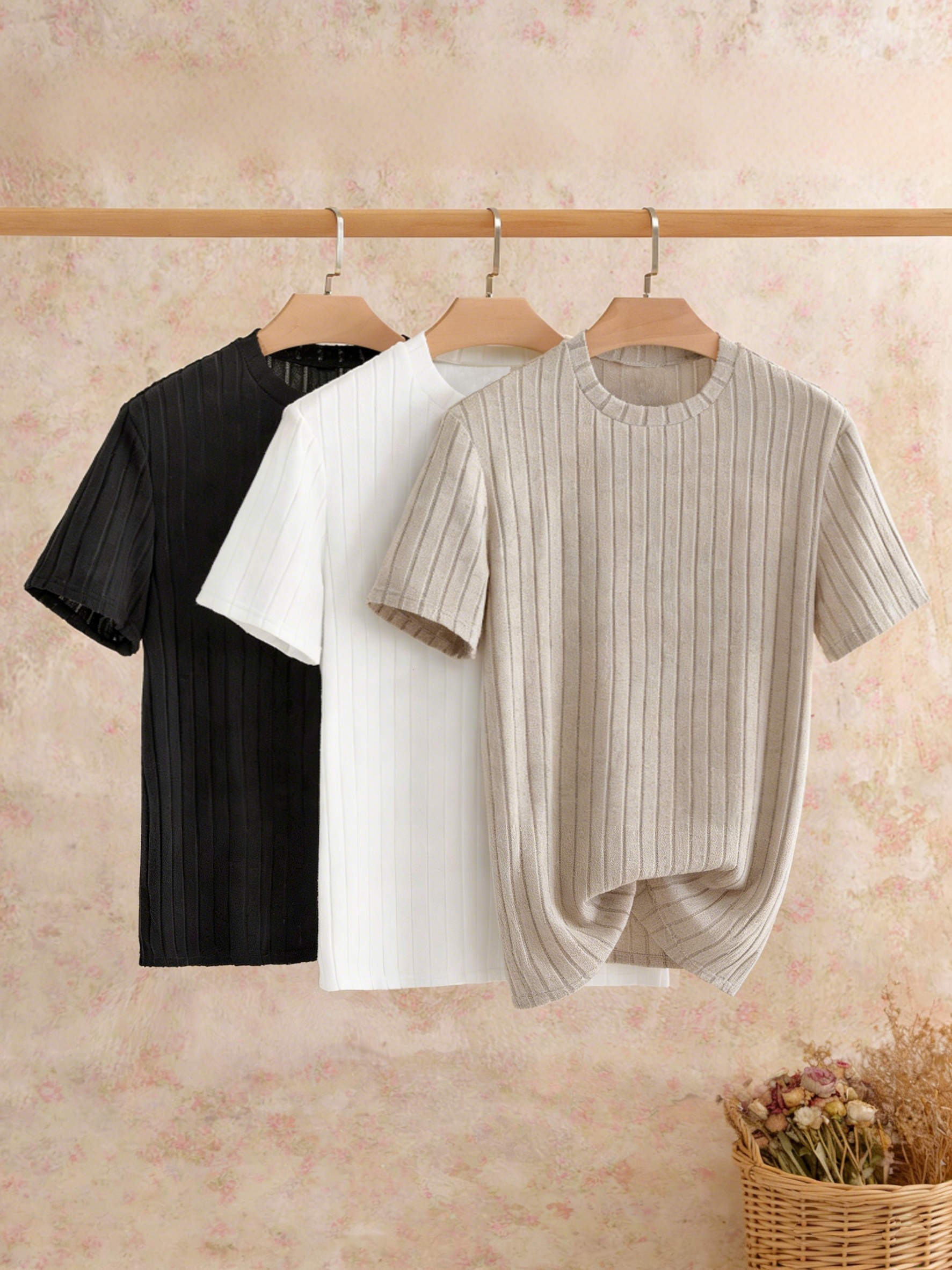 Men'S Casual Easy Style 3-Color Vertical Striped Knit Round Neck Short Sleeve T-Shirt 3pcs Set, Daily Commute Leisure Multi-Scene Outfit Top Combination