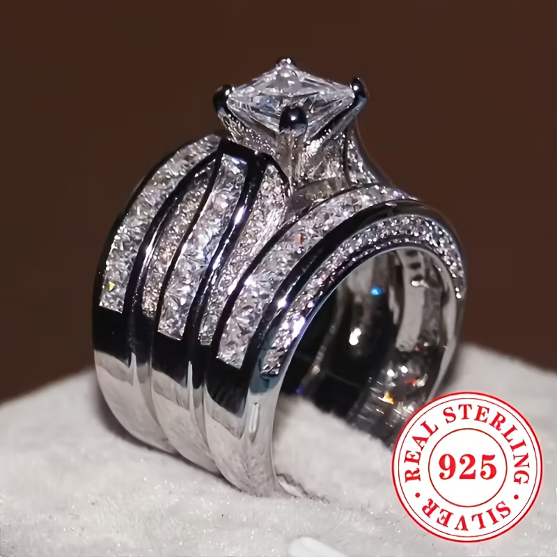 TEMU Ensemble de 3 bagues de fiançailles argentées pur, bijoux élégants pour demande en mariage, luxueux, d'anniversaire du mois d', coupe princesse,