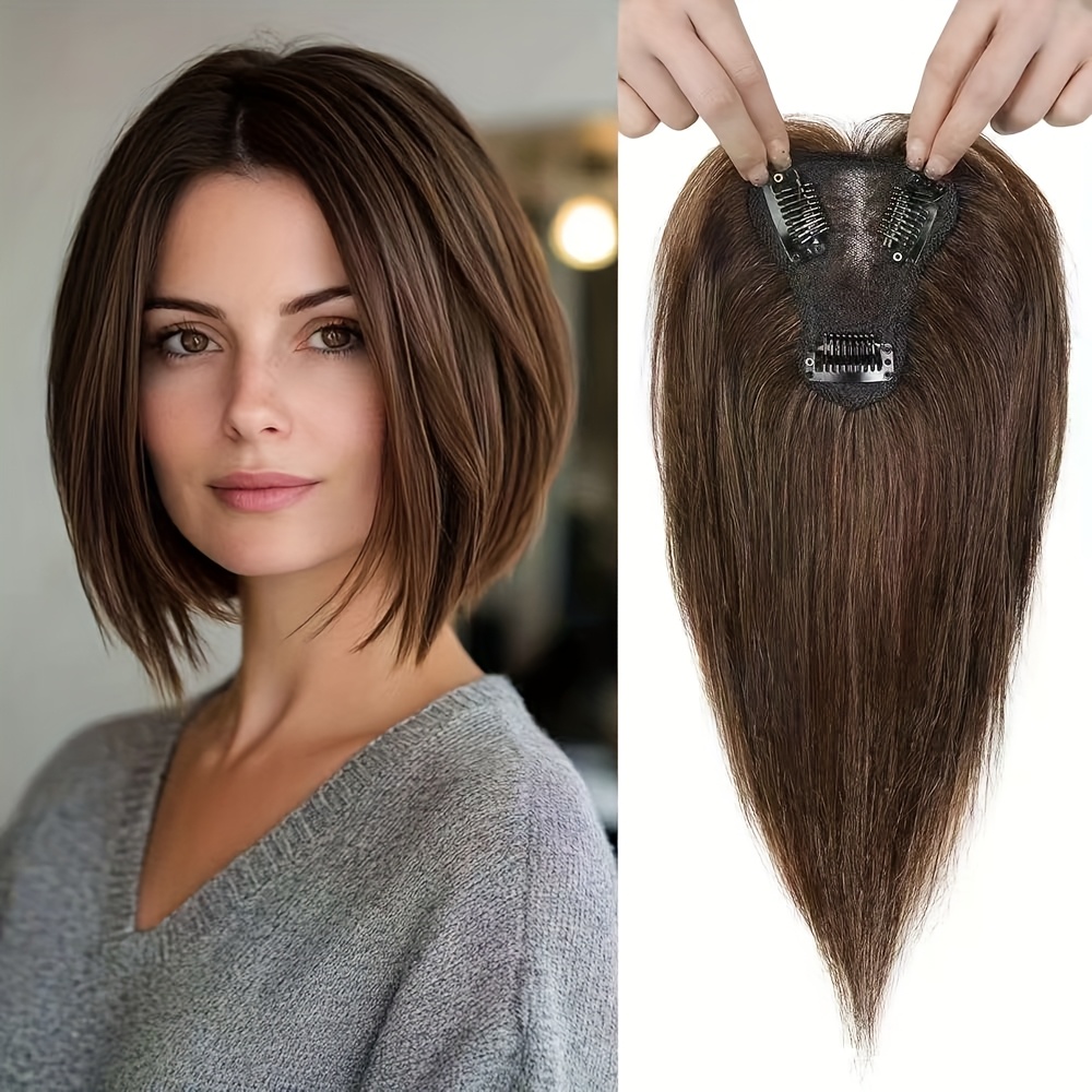 TEMU Topper de cheveux réels 3D pour femmes - Clip-in pour la partie moyenne avec frange, postiche gris foncé droit pour usage , ajoute du volume et