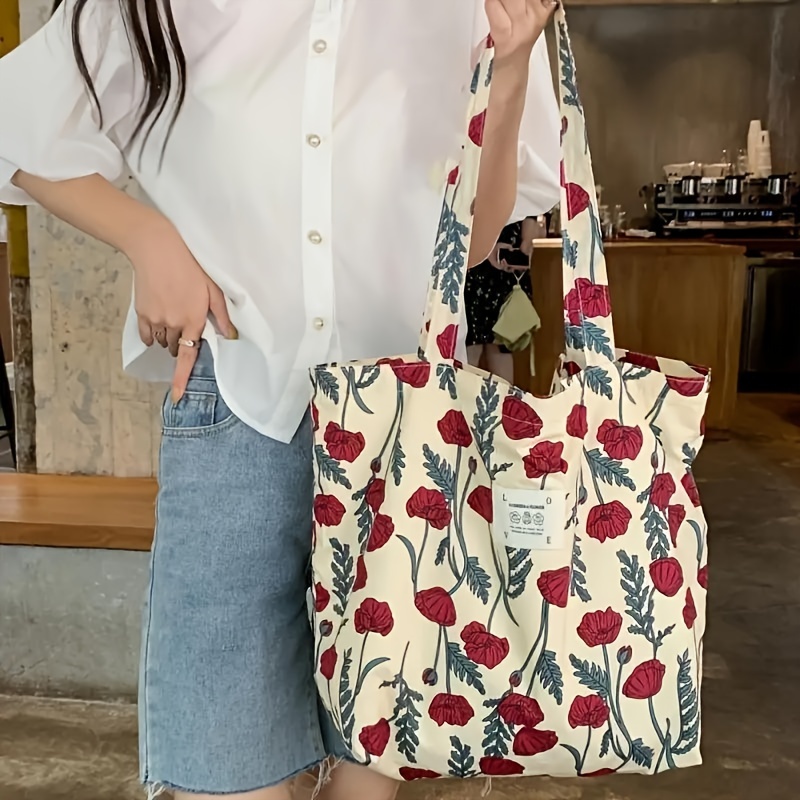 

Aesthetic Floral Print Tote Bag, Large Capacity Canvas Shoulder Bag, Women's Fashion Handbag For Travel Beach Shopping