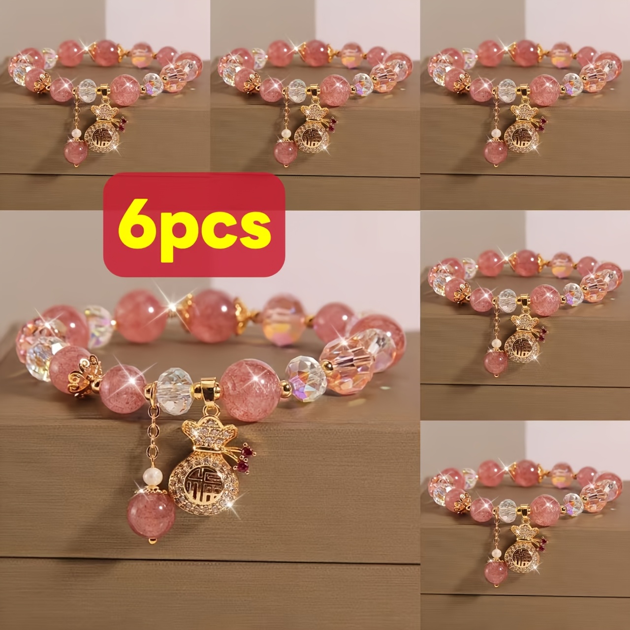E-shop 6 Stücke Elegante Rosa Erdbeerquarz Perlenarmband, Boho-Stil mit Niedlichen Goldenen Perlen, für den Täglichen Gebrauch von Frauen – Ideales