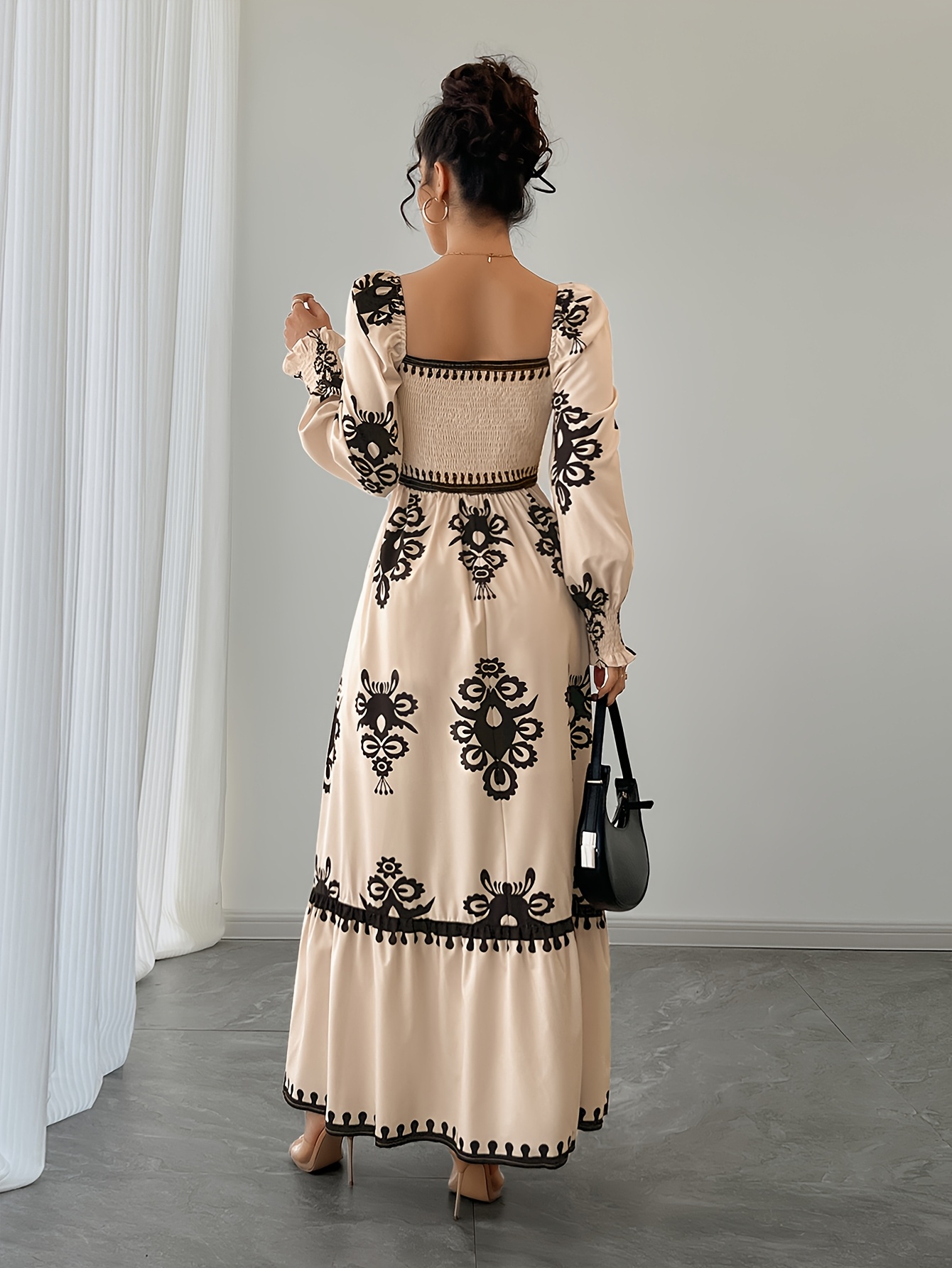Elegant Vintage-Inspired Geometric Print Dress with Lantern Sleeves and  High Waist - * Fall/Winter, Machine Washable