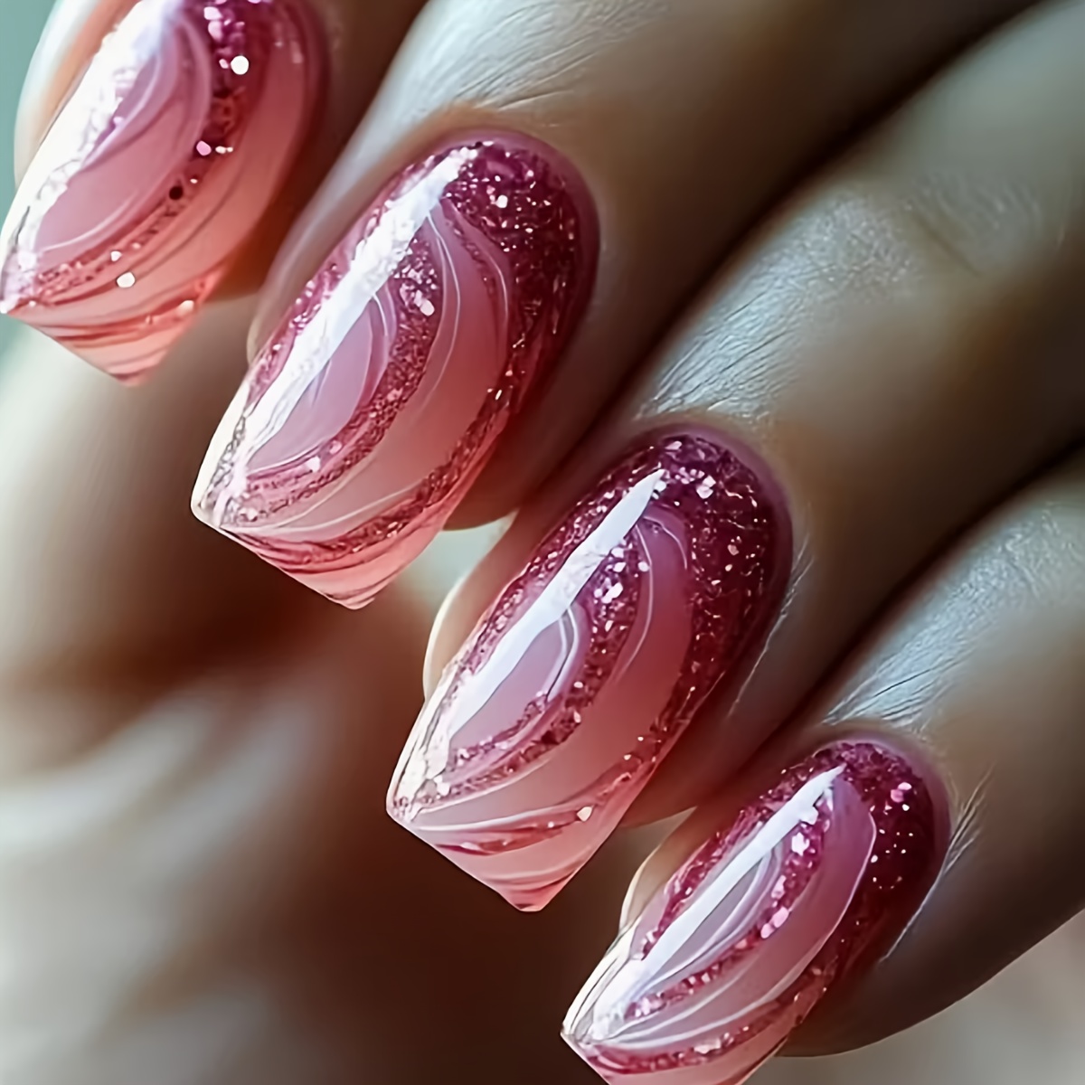 24pcs Medium Square Red Gradient-pink Glitter Stripe Art Nails, Elegant High-quality Design, Suitable For Occasions