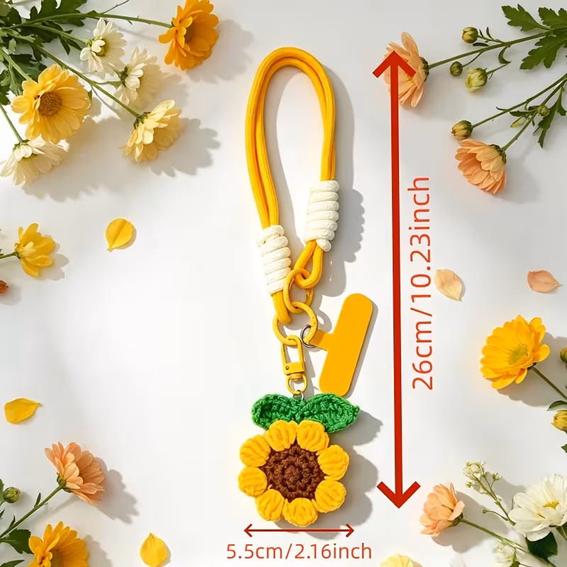 1pc handmade crochet 3d sunflower phone lanyard korean woven flower wrist strap universal phone case built in patch anti lost hanging chain multi functional keychain bag earphone pendant best friend gift small accessory Product details 4
