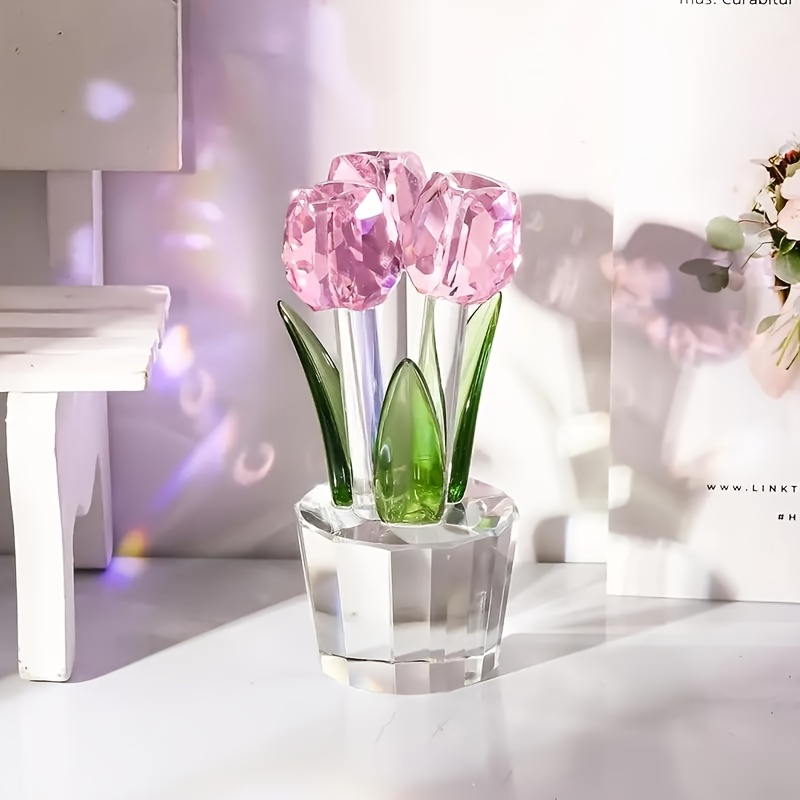 TEMU Tulip Glass Vase Sculpture, Crystal Decorative Collectible, Pink Ornament, Anniversary Wedding Christmas Valentine's Day Mother's Day Women's