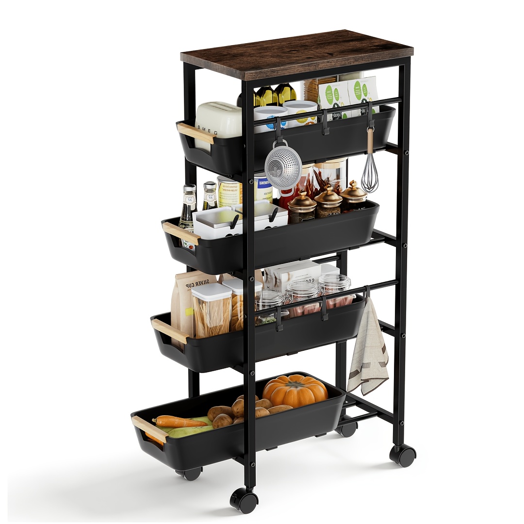 5-tier Slim Rolling Storage Trolley With Wooden Top And Pull-out Baskets Space- Mobile Organizer With Wheels For Kitchen, Bathroom, And Laundry Room, Black