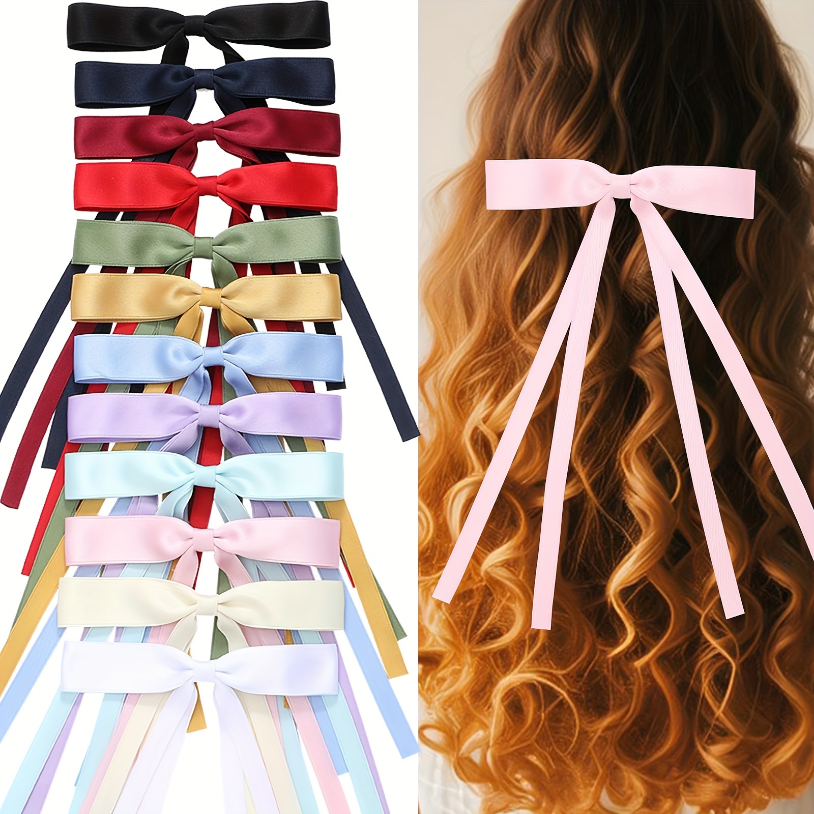 

12pcs Elegant Solid Color Ribbon Bowknot Shaped Hair Clips Trendy Hair Decoration For Women And Daily Use