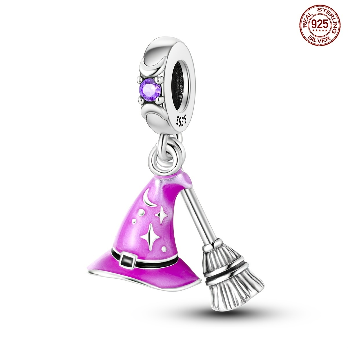 

1pc 925 Sterling Silver Hat And Broom Charm, Enamel Wizard Pendant For Making, Women's And Party Accessory, For Halloween