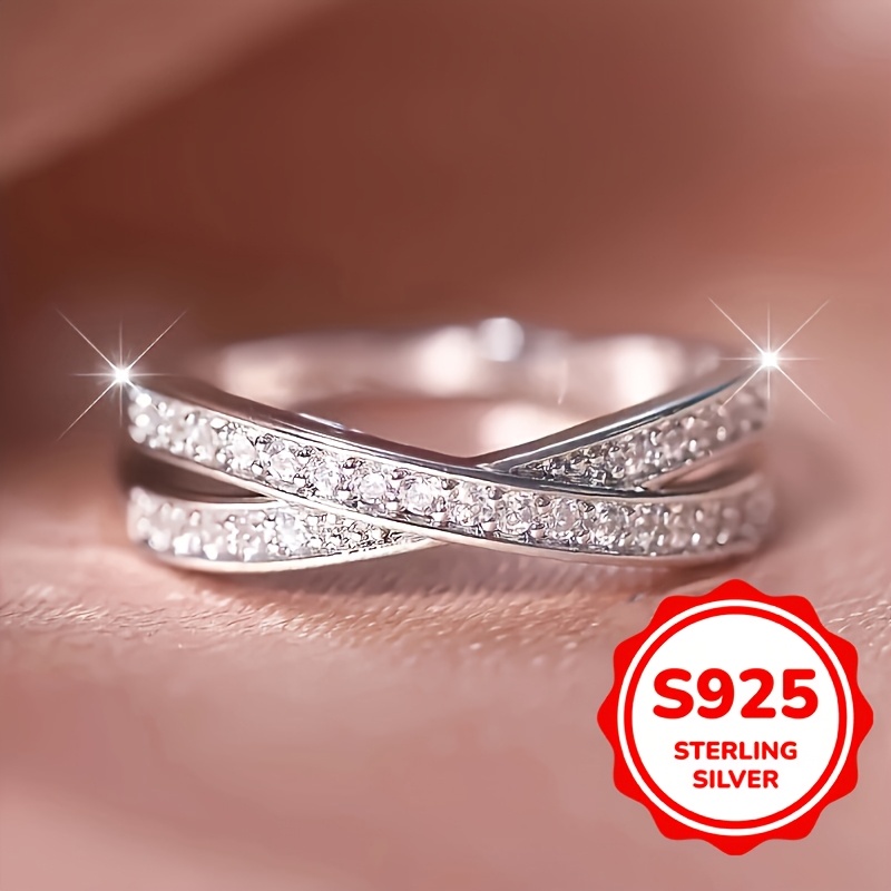 Image of S925 Minimalist Promise Ring Trendy X Shape Design Shining Synthetic Synthetic Zirconia Engasynthetic Gemstoneent / Wedding Ring For Brides Match Daily Outfits 2.4g