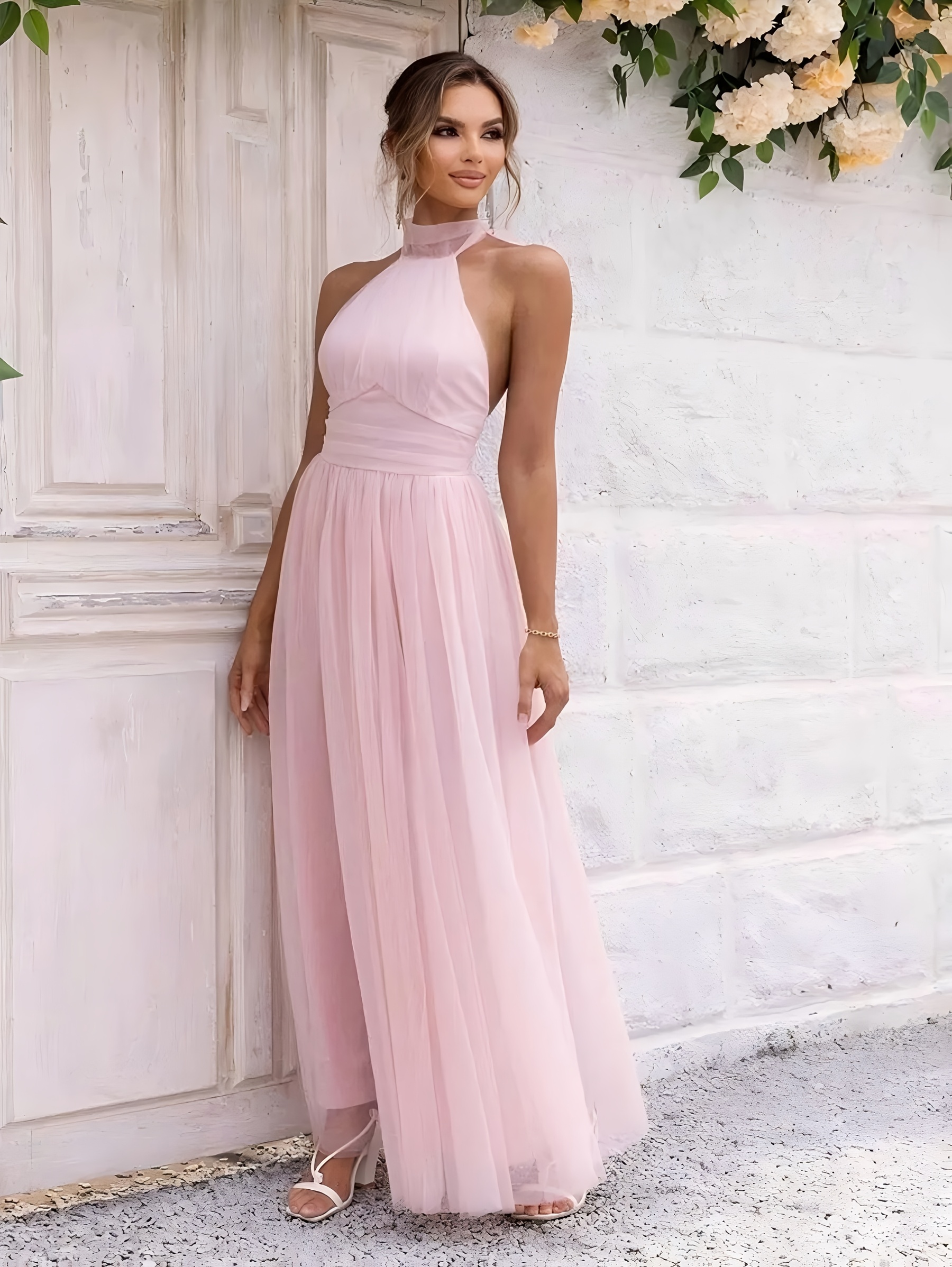 elegant halter neck backless mesh overlay dress party formal - Temu