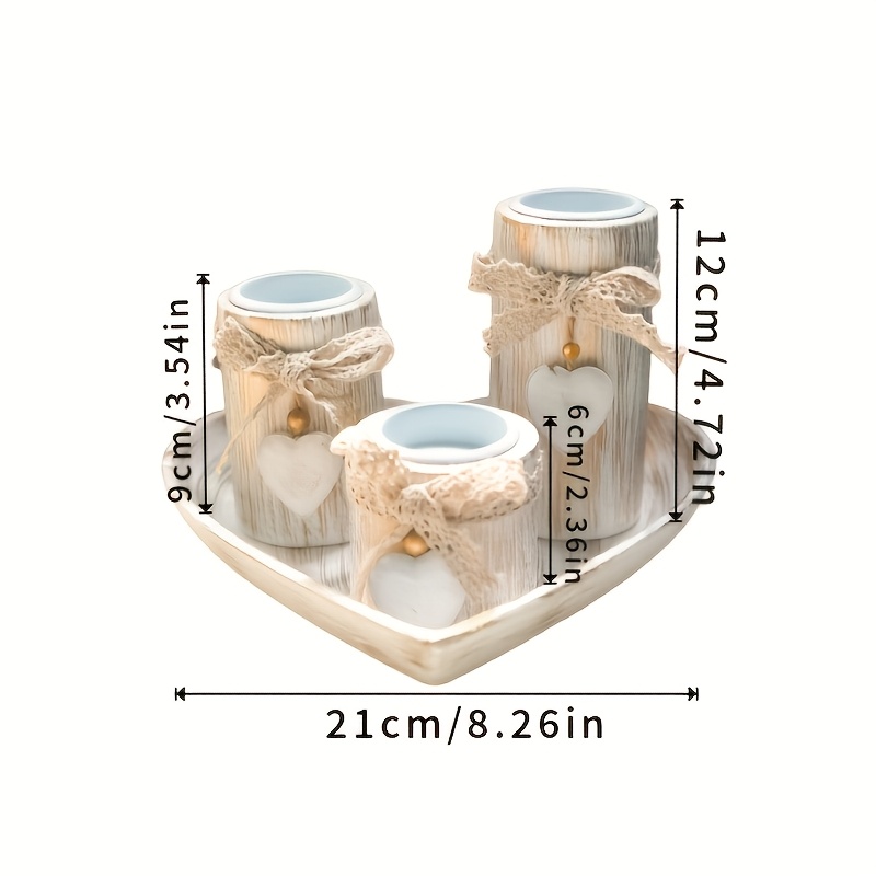 TEMU Porte-bougies rustiques en bois blanc, plateau de cœur avec nœud en dentelle et décoration de cœur, porte-veilleuse de ferme vieilli pour centre