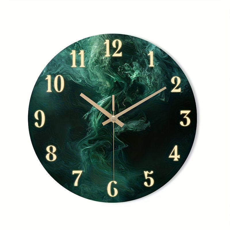 TEMU 1pc Silent Wall Clock Non-ticking Wooden, Decorative Circular Clock Hd Glossy Lamination Finish Abstract Green For Bedroom, Living Room, Dining