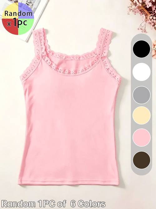 1pc of colored womens lace trimmed camisole top sleeveless round neck top for pajamas innerwear or tank top soft comfortable breathable and stretchy suitable for as a versatile elegant and top