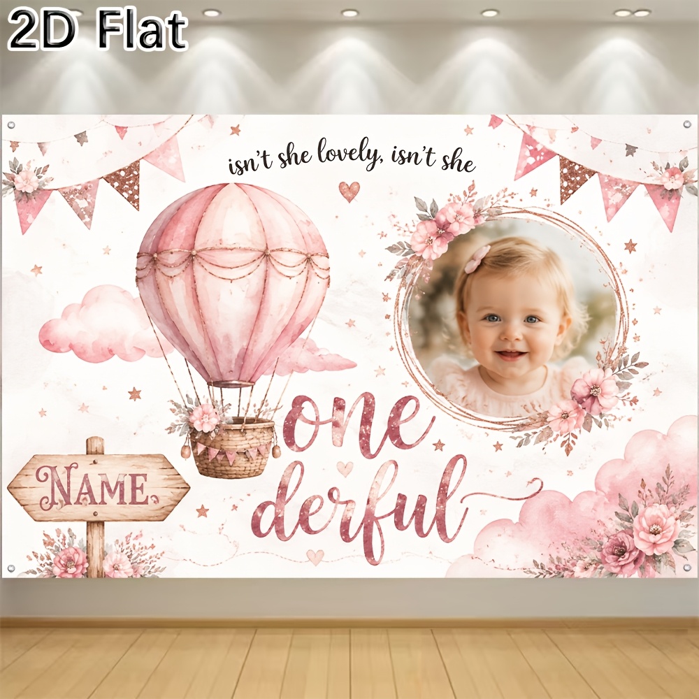 TEMU 2d Flat - 1pc [2d Flat] Banner Custom Onederful First Birthday For Party Backdrop Banner, Can Customize Name And Photo With Pink Hot Air Balloon