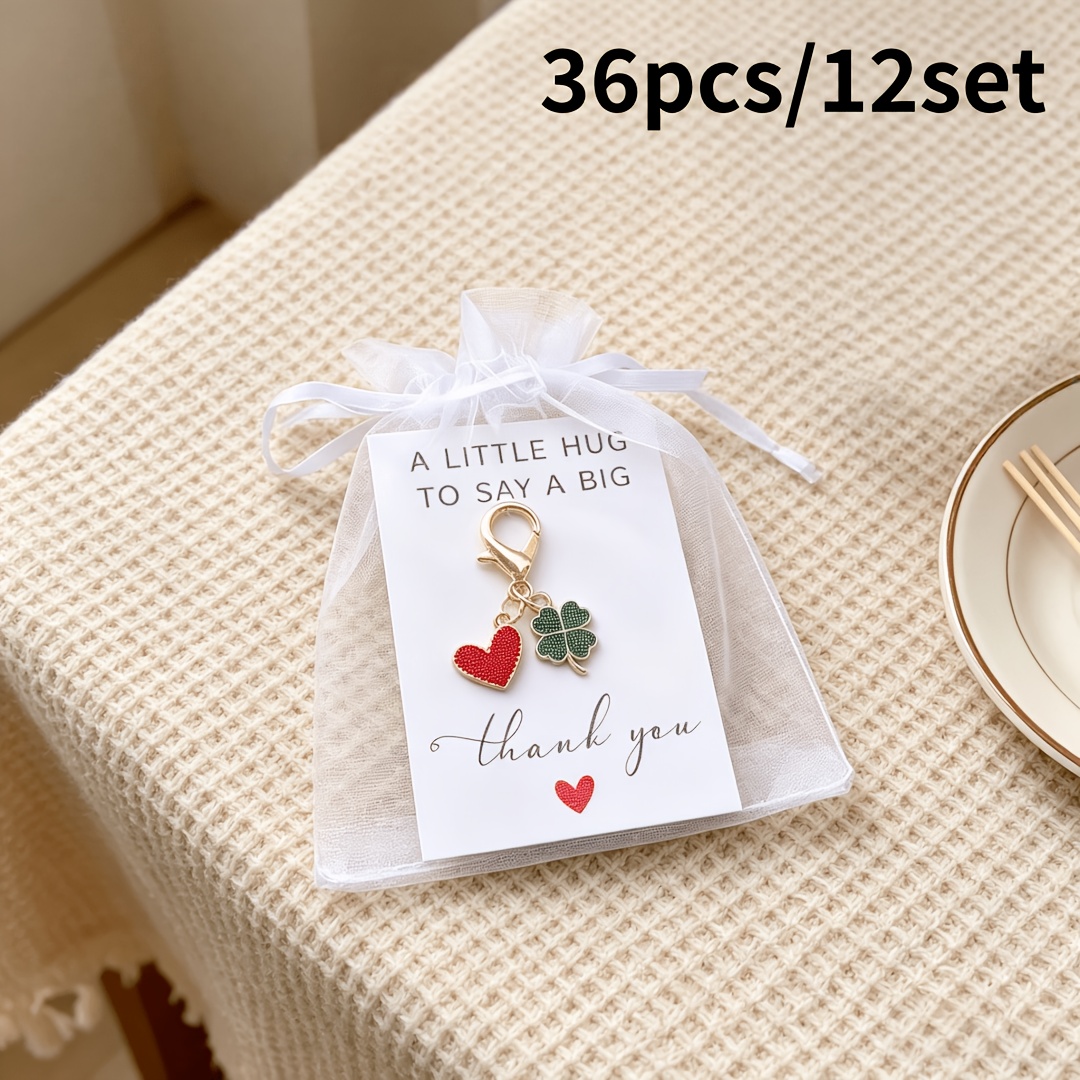 TEMU Gift For Her/him 36pcs/12set Heart, Clover Keychain Set - Bag And Car Key Pendant Additions, Business Gift Bag (12 Keychains + 12 Greeting Cards
