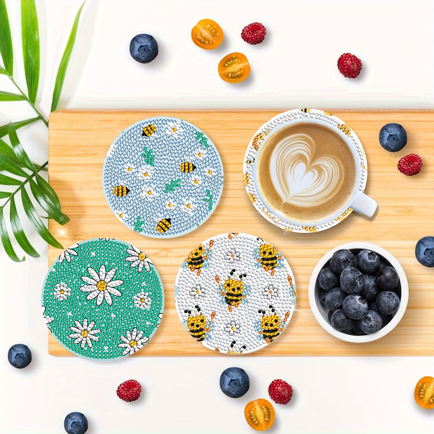 

8pcs Coaster Kit With Stand - Diy Round Diamond Art Craft For Beginners, Wooden Cup Mats With Bee And Flower Designs, Includes Pen, Glue & Tray