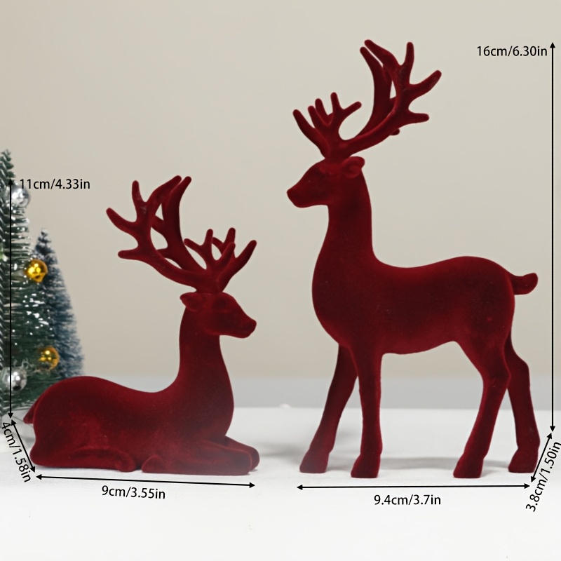 Image of 2 Pieces/a Set Of Red Flocked Reindeer Statue Ornaments, Red Flocking, Christmas Holiday Decorations, Suitable For Holiday Decorations, Suitable For Indoor And Outdoor Decorations, No Required