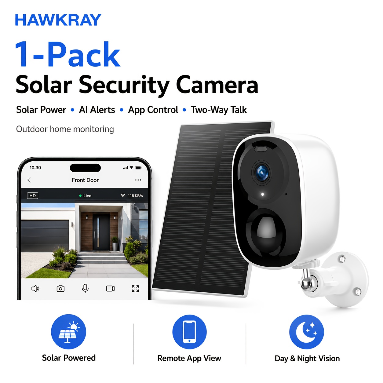 TEMU Hawkray 1 Pack Solar Security Camera, Wireless Outdoor Wi-fi Camera With Ai , 3x Zoom, Vision, Talk, App Control & Ip66 Weatherproof