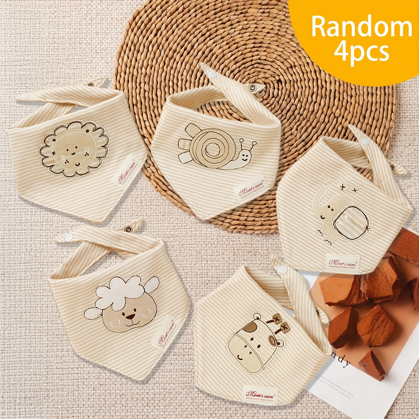 Random 4pcs Bibs, Double-layer Embroidered Style, Animal Patterns, Soft And Comfortable